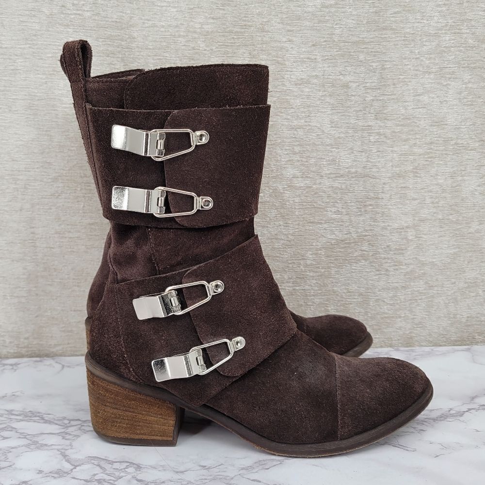 Donald J Pliner Dorria Brown Suede Silver Buckles Mid Calf Block Heel  Boots
